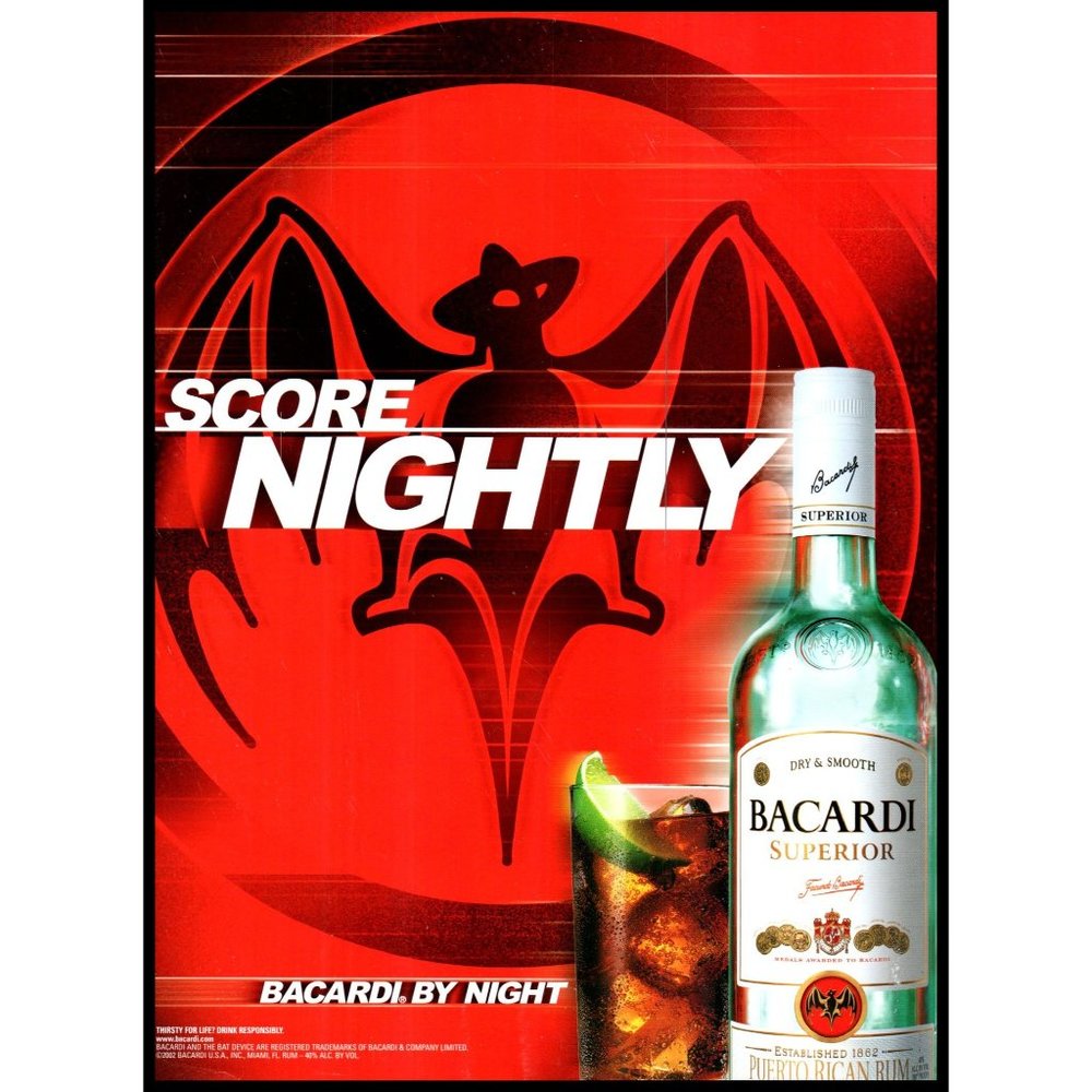 2003 Bacardi Rum Vintage Print Ad Score Nightly Bat Emblem Wall Art Photo